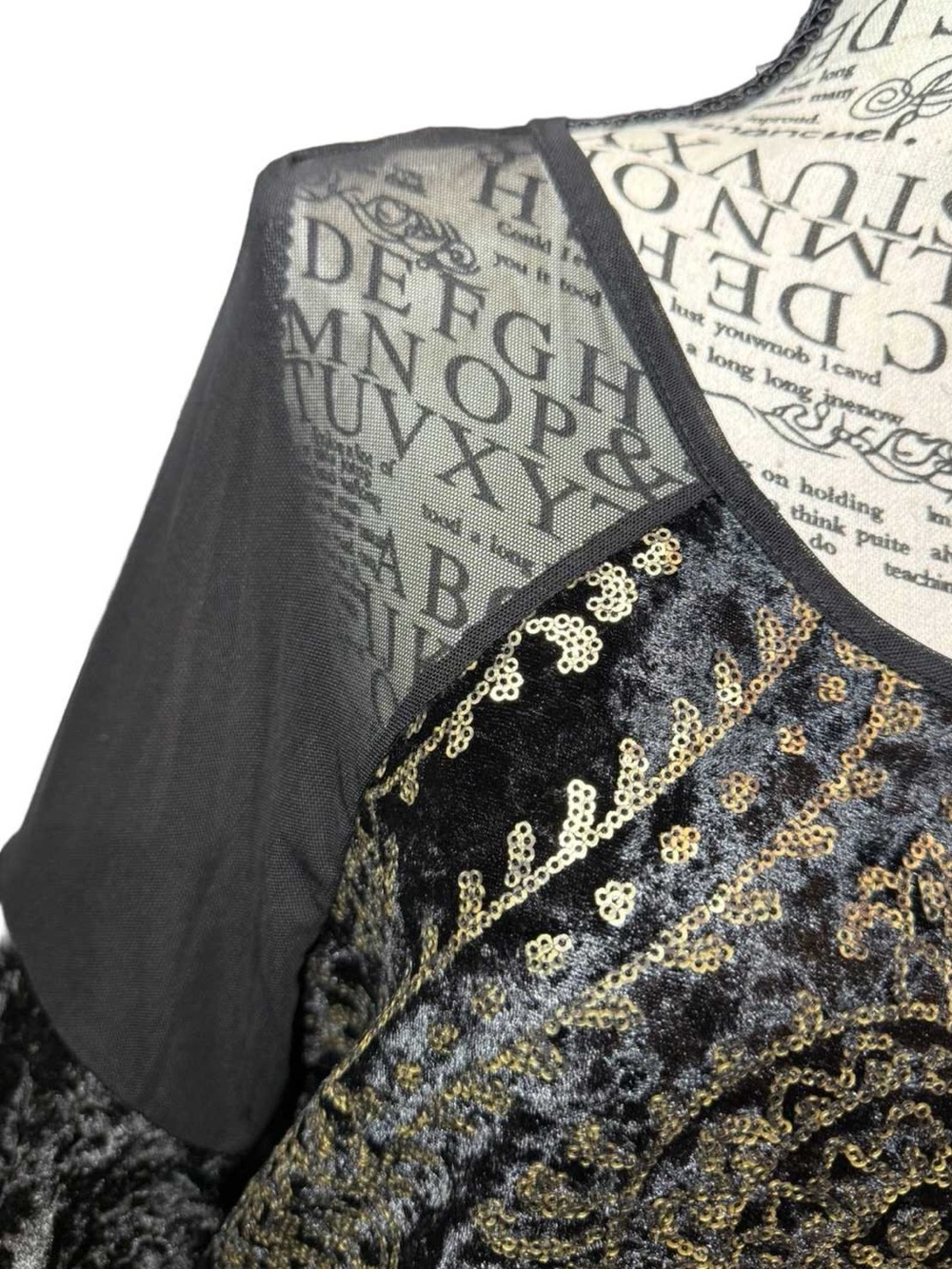 VENUS Gold Sequin Black Velvet Midi Dress Sheer Ruffle Sleeve Side Slit - L - Picture 4 of 15